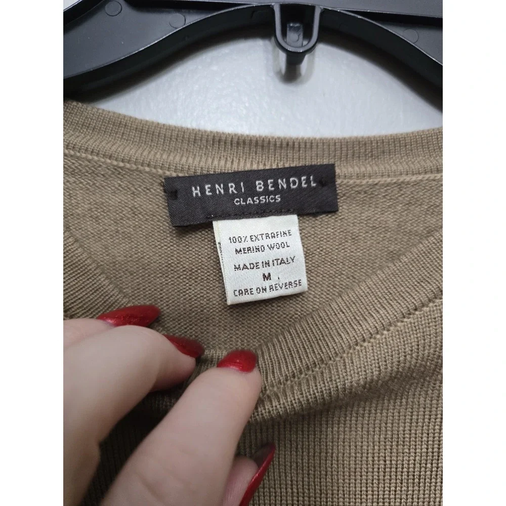 Henri Bendel Classics Tan Beige Extrafine Merino Wool Crewneck Sweater Womens M